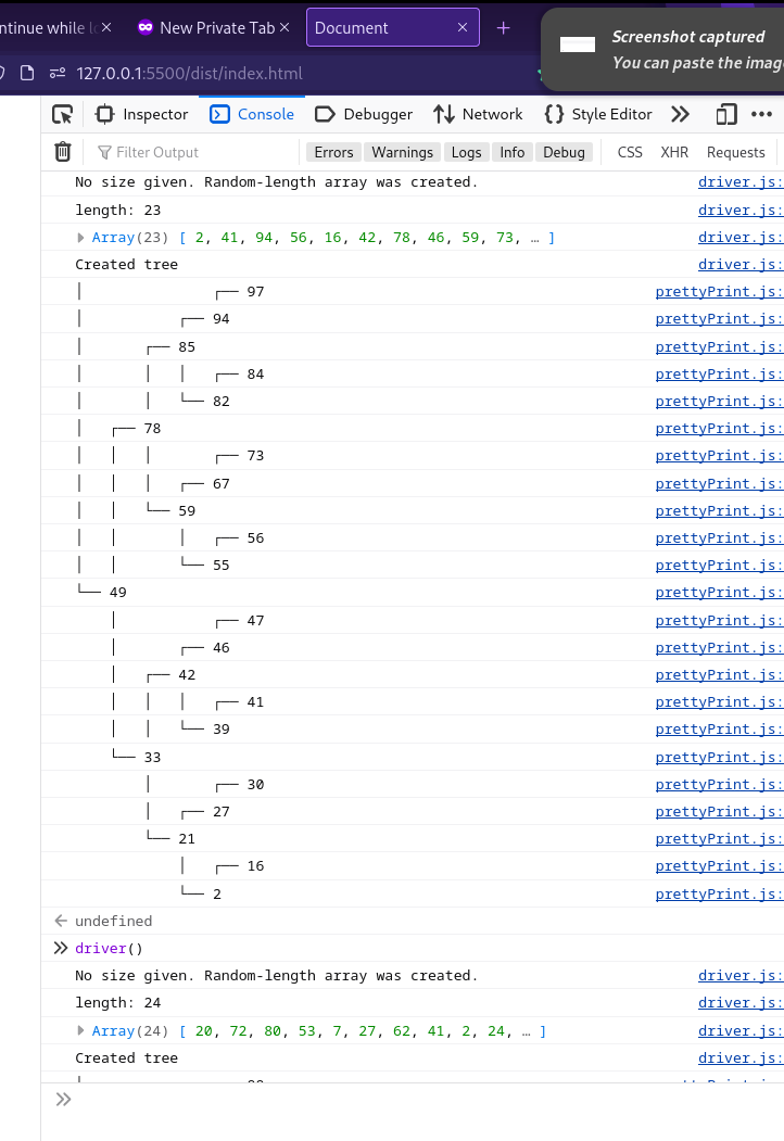 console logs of different BST operations